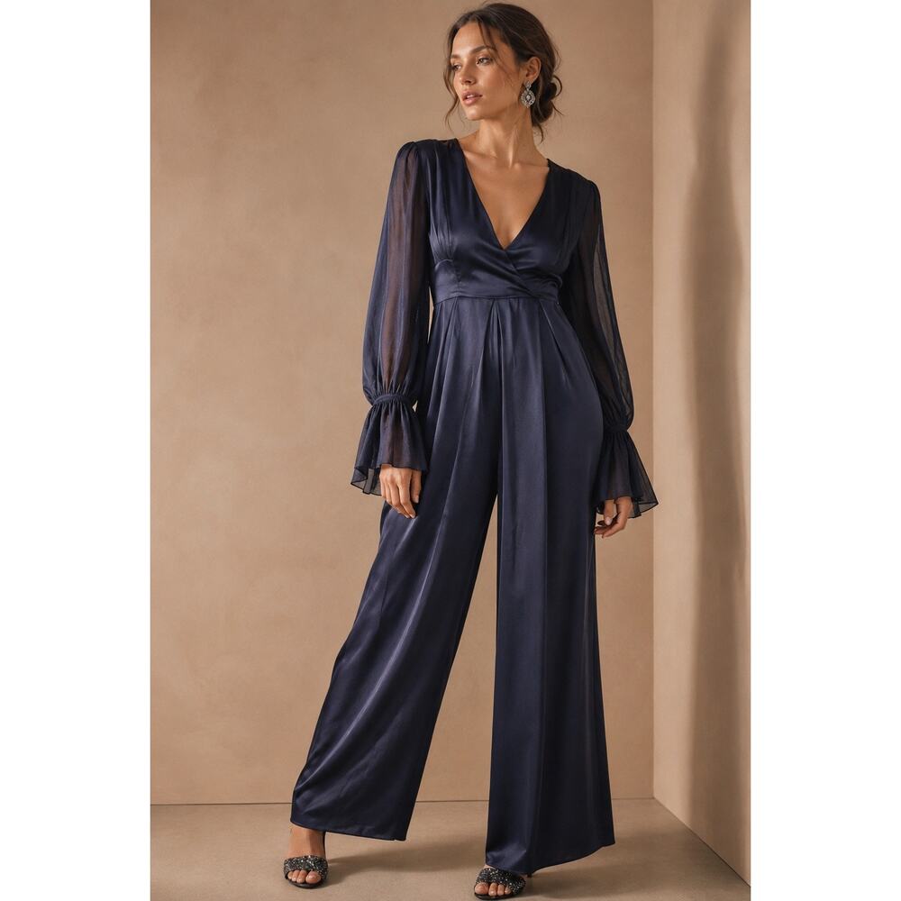 FREE PEOPLE “Not Your Baby” Satin Wide Leg Deep V High Waist Jumpsuit Size 0/XS - Picture 15 of 15